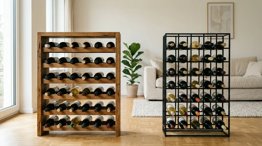 Ein Weinregal aus Massivholz und eines aus schwarzem Metall stehen nebeneinander in einem hellen Wohnraum