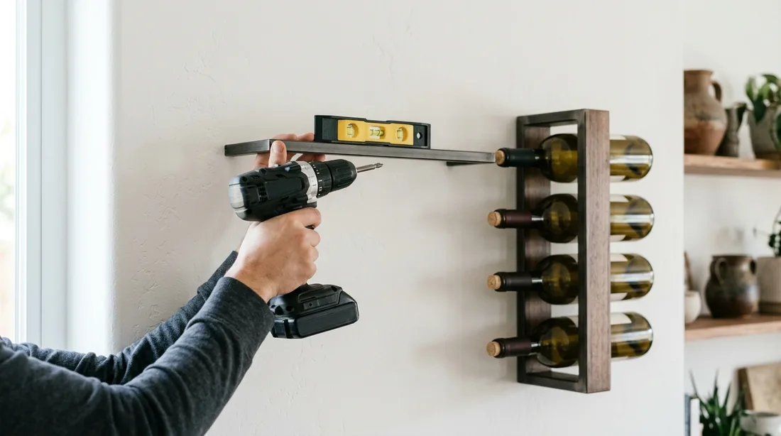Bohrmaschine und Wasserwaage an einer Holzleiste an einer weißen Wand, daneben ein bereits montiertes Weinregal mit vier Flaschen